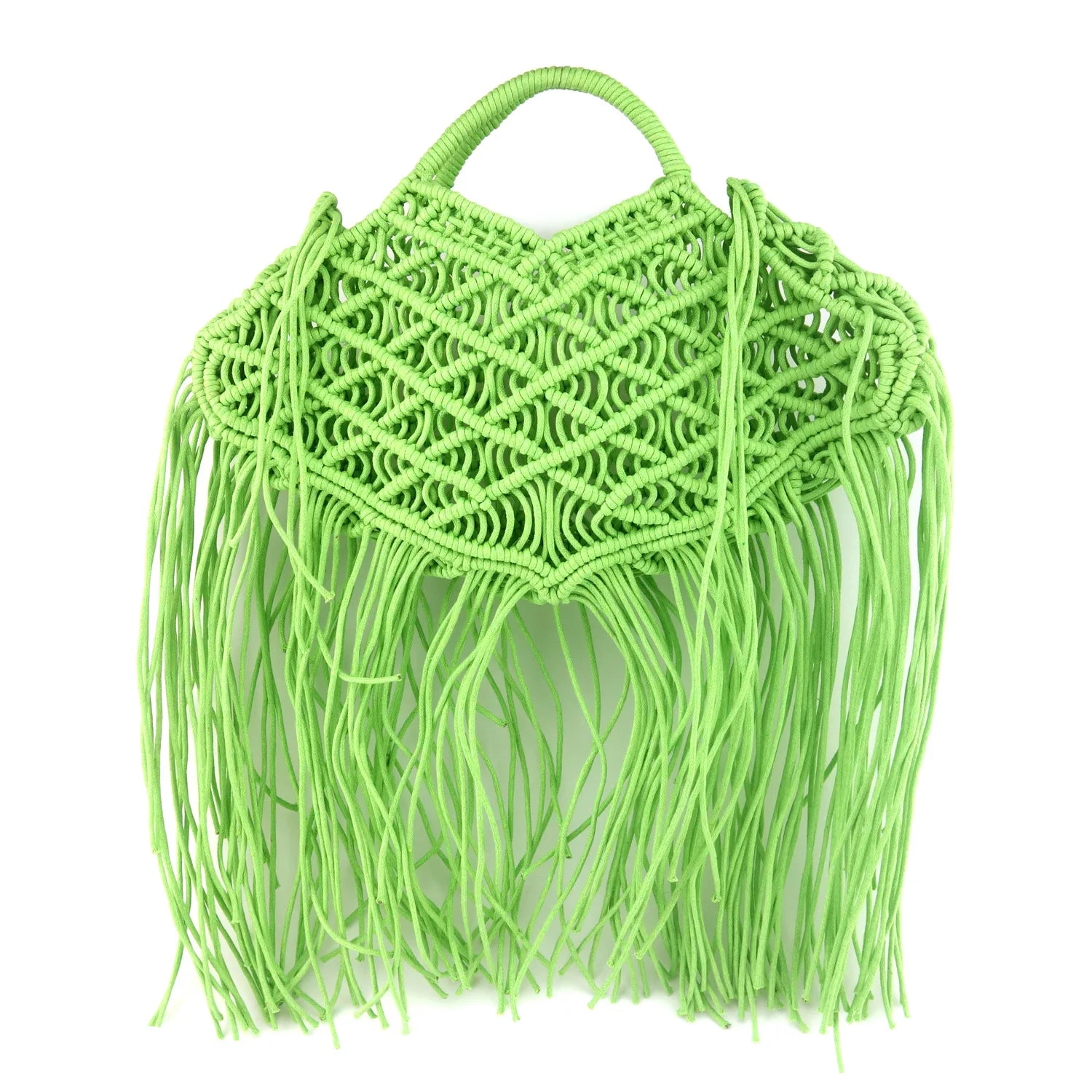 Bali Green Tote Bag – Handcrafted Openwork Straw with Tassels and Large Capacity