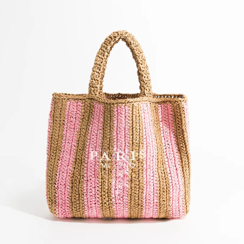 Crochet Raffia Tote Bag – Striped Design and Large Handmade Capacity