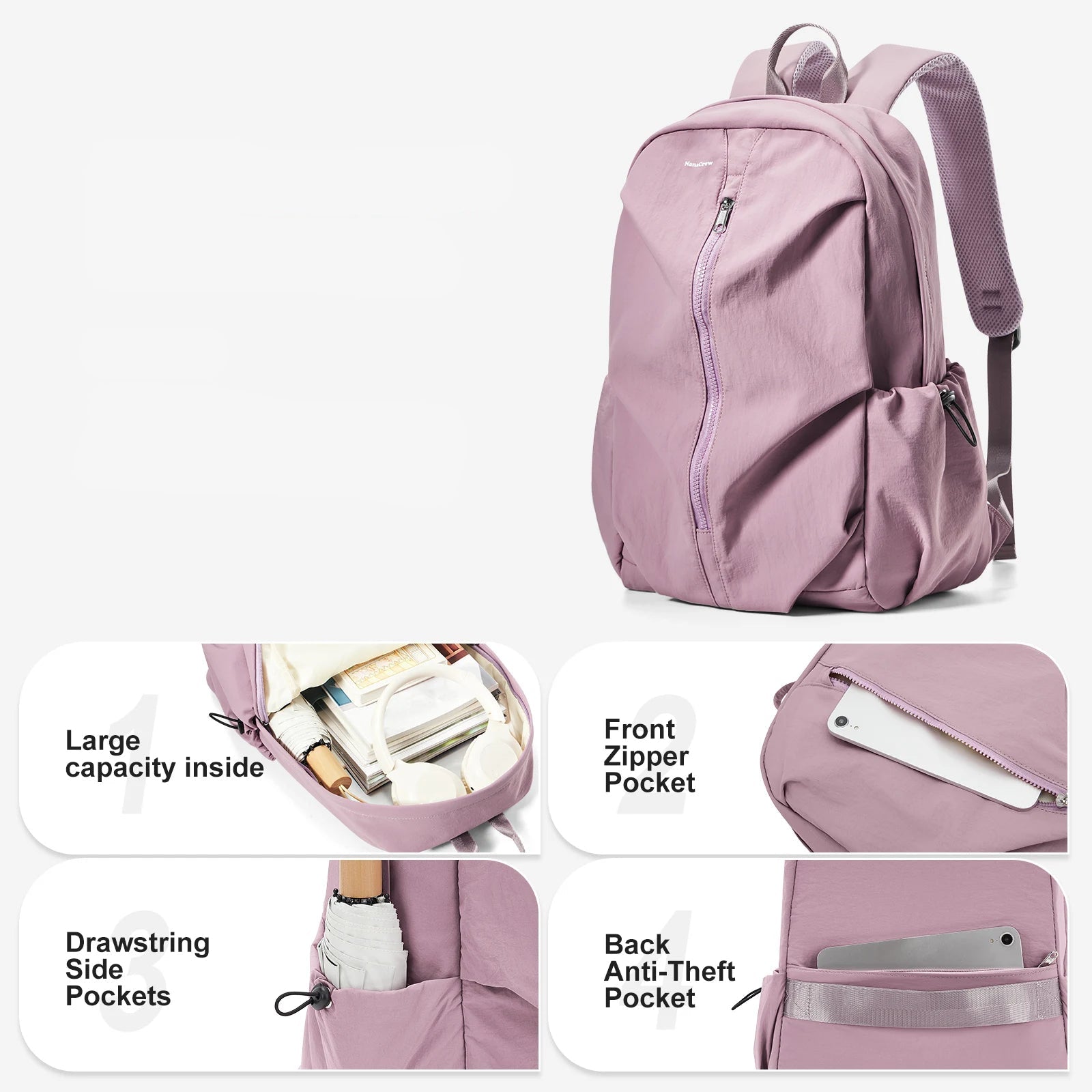Pink Unisex Casual Nylon Backpack - Lightweight and Comfortable for Everyday Use