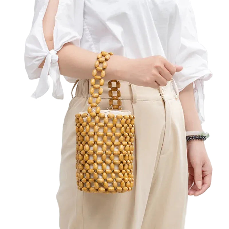 Bolso Bucket de Cuentas de Madera – Diseño Artesanal Minimalista y Estilo Chic