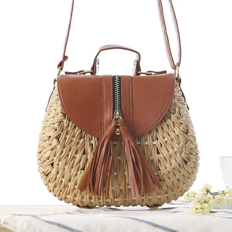 Bolso Bandolera de Rafia Tejida con Flecos para Mujer
