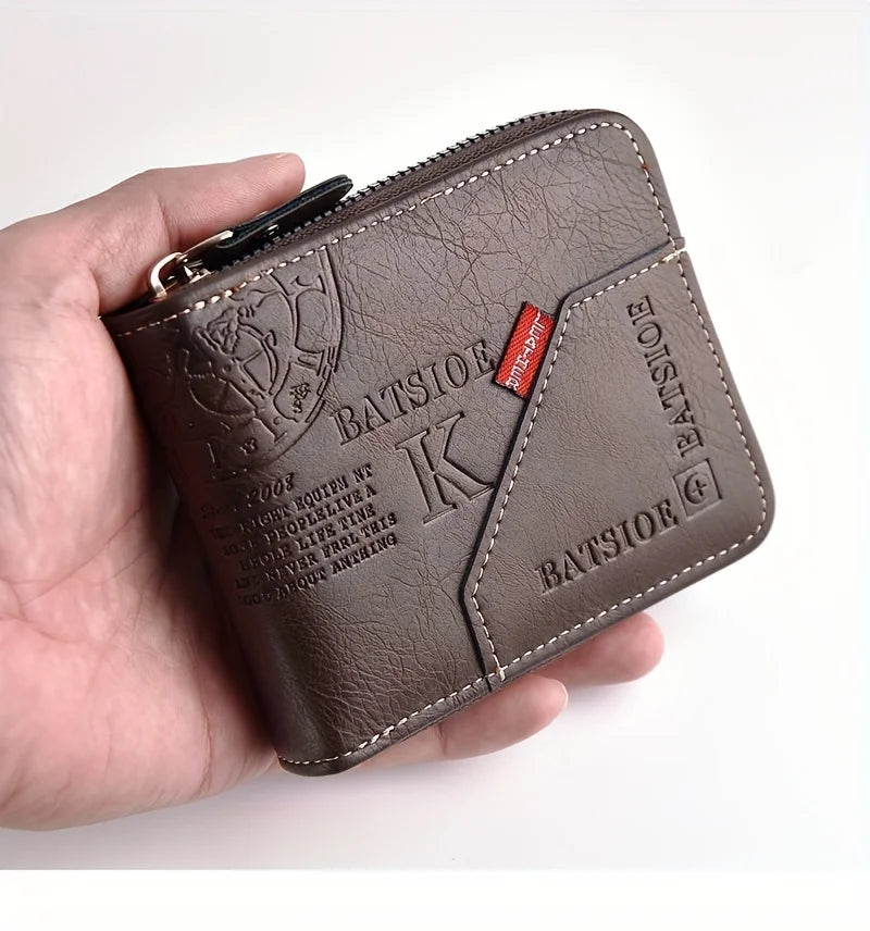 Cartera Vintage con Cremallera Efecto Piel Encerada para Hombre - Marrón oscuro