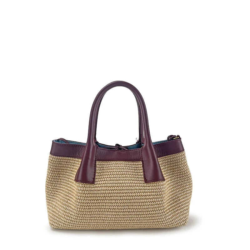 Wine-Colored Raffia and Leather Handbag – Elegant and Exclusive Reversible Design