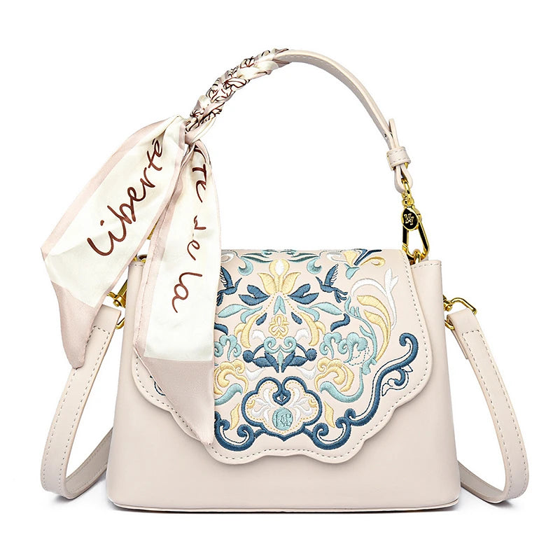 Bolso Tote pequeño de PU con bordados florales y pañuelo chic