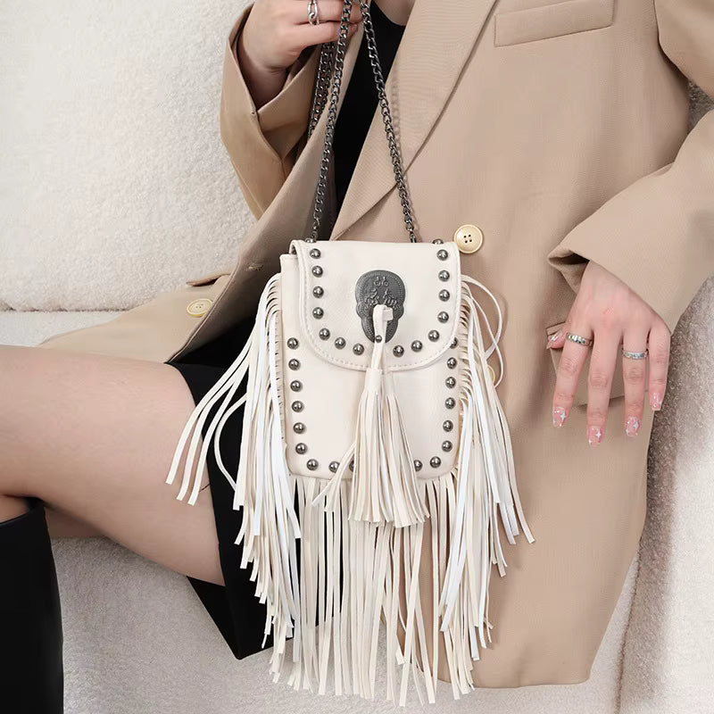 PU Leather Mobile Phone Bag with Chains and Fringes – Vintage Punk Chic Style