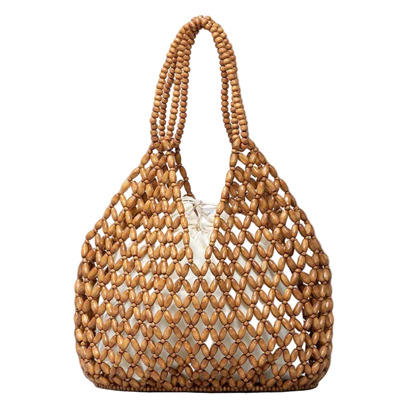 Handmade Wooden Bead Bucket Bag – Openwork Design and Boho Chic Style